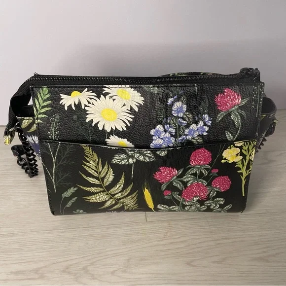 Steve Madden Black Floral Crossbody Chain & Adjustable Strap Zipper Closure EUC - Picture 2 of 11